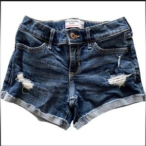 EUC ABERCROMBIE KIDS Dark Wash Distressed Mid Rise Midi Shorts Size 9/10